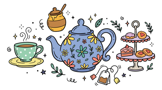 Afternoon tea time vector doodle illustration set with floral teapot porcelain cup sweet honey jar tiered cake stand pastries