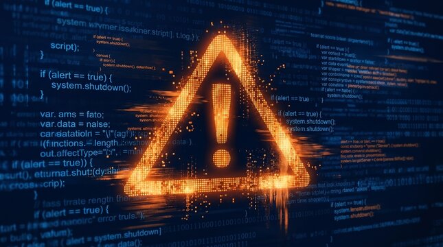 A glowing orange warning sign with an exclamation mark superimposed over a background of blue computer code, symbolizing digital security threats and system errors.