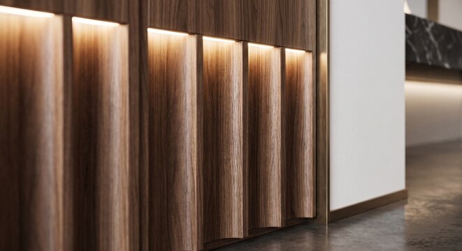 따뜻한 LED 간접 조명이 설치된 모던한 우드 템바보드 벽면 인테리어 디테일
Close-up architectural detail of modern fluted wood wall paneling with warm LED backlighting