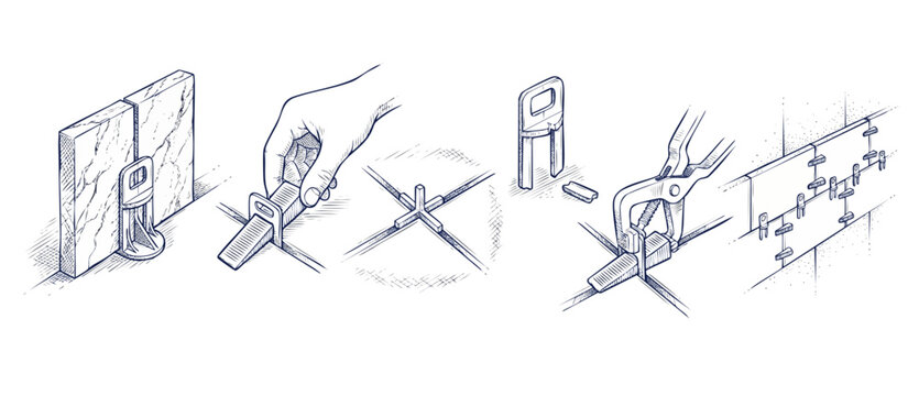 Tile leveling system installation diagram showing how to lay ceramic tiles with clips, wedges, pliers, and spacers in a line art sketch illustration for home renovation and DIY construction projects.