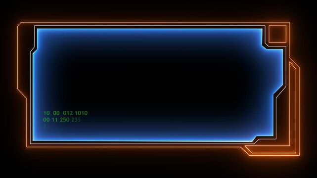 Futuristic digital interface with glowing blue screen and orange neon frame displaying binary number. Futuristic hud frame, border, screen overlay.