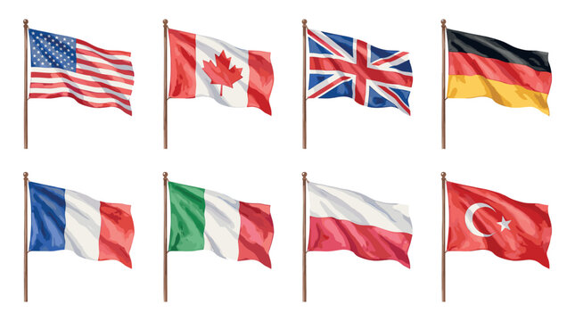 Hand painted watercolor flags representing NATO member nations