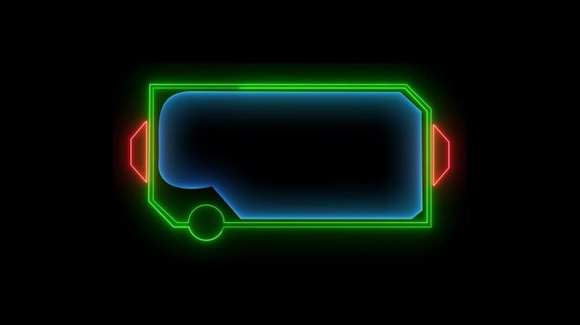 Futuristic neon interface element glowing blue and green with red accents on black background. Futuristic hud frame, border, screen overlay.