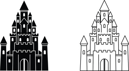 Castles Set with Black Silhouette and Outline Line Art Medieval Fortresses for Fantasy Designs © Jebin