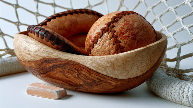 Basque pelota symbolic still life against sterile white background showing hand-sewn leather ball, curved wooden xistera basket glove, chalk score marker and fronton net cord arranged in precise com