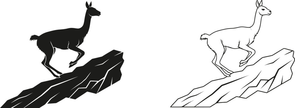 Chamois Climbing a Rocky Mountain in Silhouette and Outline Flat Vector Illustration with Minimalist Style