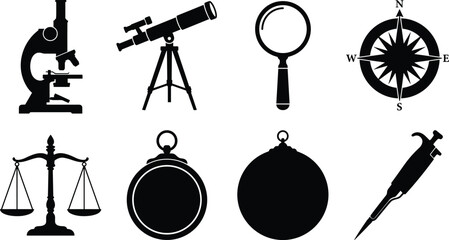 Scientific and research equipment vector silhouette set featuring microscope telescope magnifying glass compass scales and laboratory pipette © Moskirul