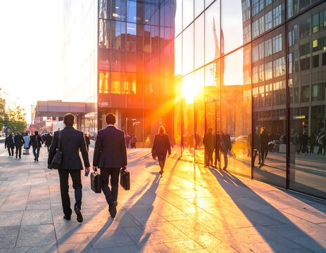 Urban commuters walking through modern city street during sunset.