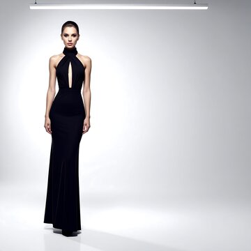 Elegant woman in long black dress standing indoors.