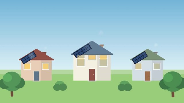 Suburban houses with solar panels on roofs, representing real estate and eco-friendly living, motion graphic