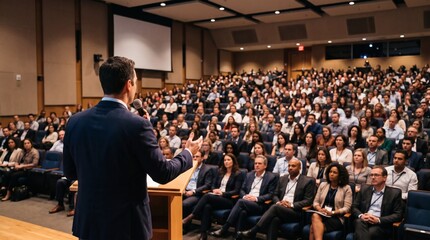 Fototapeta premium Speaker addressing a large audience in a modern conference hall with rows of seated attendees