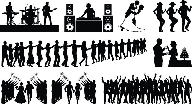 Wedding celebration silhouettes set featuring a live band, DJ, first dance, conga line, cake cutting, and sparkler exit