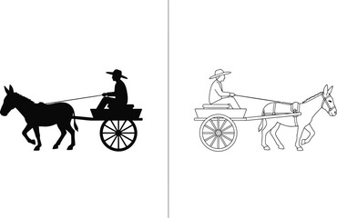 Donkey Cart with a Person Sitting on a Small Wooden Wagon Pulled by a Farm Animal on a White Background, Featuring a Silhouette and Outline Art Style © Jebin