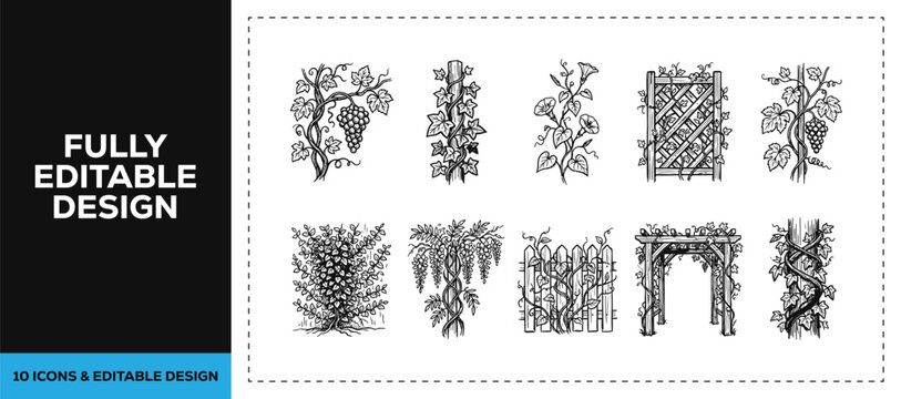 Black ink scribble hand drawn nature trees and climbing vine icon set bundle featuring garden plants and foliage for eco landscape and botanical vector sketch doodles design art.