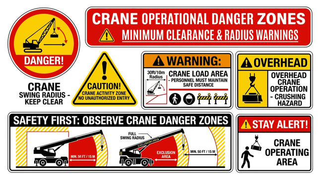 Industrial Crane Operation Safety Signs and Danger Zone Warning Label Set