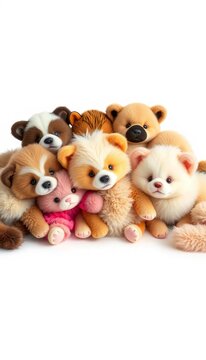 Cuddle bundle of fluffy friends on white background, big personalities., animal pals