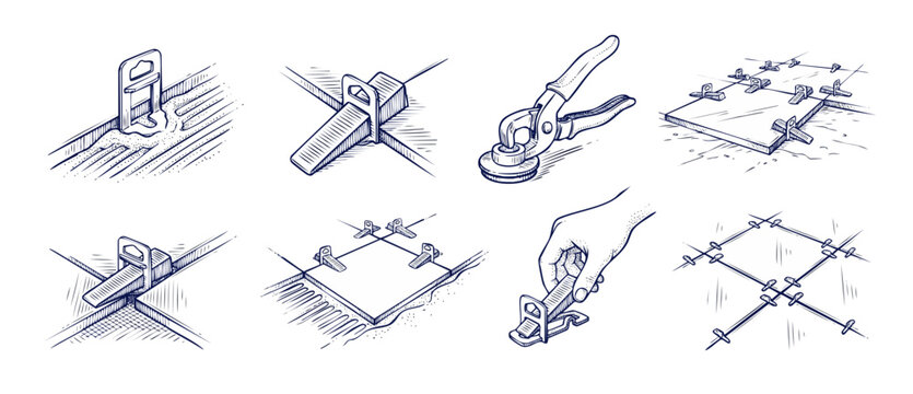 Tile leveling system installation sketch vector set showing clips, wedges, pliers, and spacers for ceramic floor tile alignment and masonry construction work, isolated blueprint style illustration.