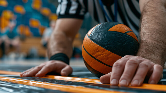 Goalball referee placing ball at throwing line during championship timeout while visually impaired athletes reposition tactile tape guides on mat surface with hands, coaches signaling final defensiv