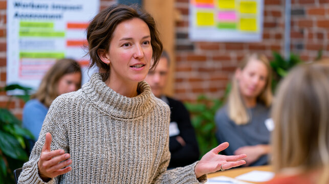 Impact measurement consultant facilitating B corporation recertification workshop with company department heads seated around a round table, workers impact assessment rubric posted on wall, stakehol