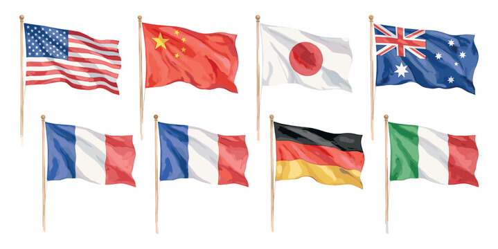Watercolor flags representing G7 and major world nations
