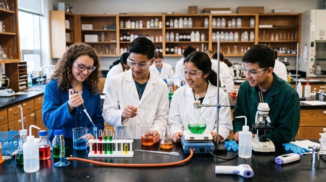Diverse group of students in lab coats and safety goggles conducting experiments in a high school science classroom