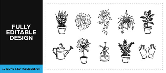 Black ink scribble hand drawn garden tools and leaf icon set bundle featuring pots watering can and shovel for nursery florist and landscape vector sketch doodles design art. © Graphics