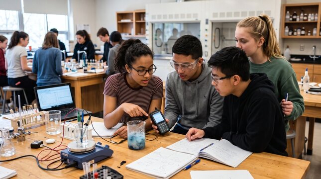 Diverse group of high school students collaborating on a science experiment in a modern laboratory classroom setting