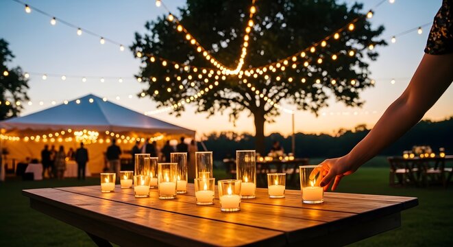 outdoor wedding reception with candles and string lights at dusk