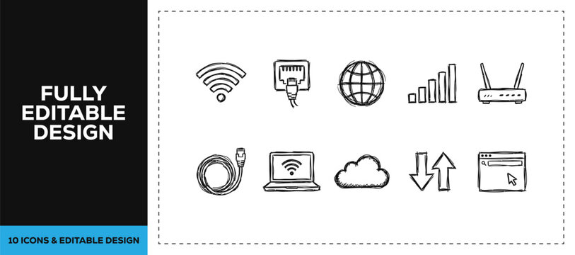 Black ink scribble hand drawn digital networking icon set bundle featuring wifi cloud and computer for tech communication and web hosting branding vector sketch doodles design.