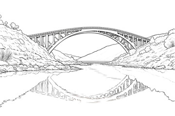 Obraz premium Arched bridge over river surrounded by rocks, tranquility and nature harmony atmosphere, symbol of connecting shores
