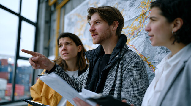 Supply chain resilience analyst team gathered around a large wall-mounted logistics map in an overcast industrial facility, pointing at reshoring routes, clipboards in hand, freight containers visib