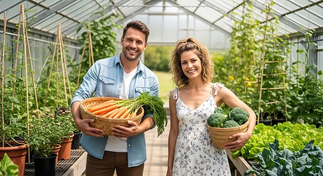 Happy couple holding guitars in garden setting.