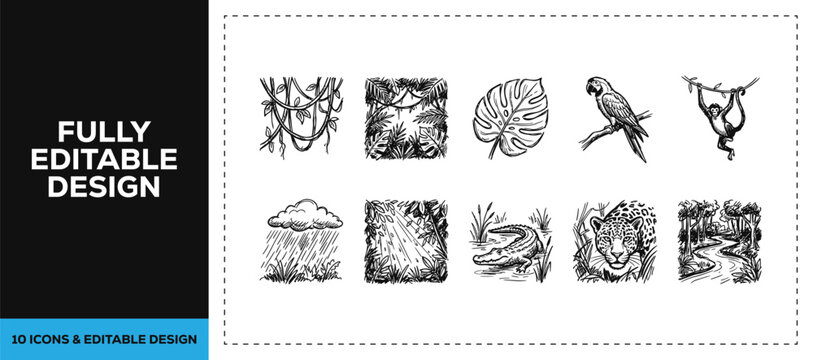 Black ink scribble hand drawn jungle nature and wildlife icon set bundle featuring trees elephant and crocodile for safari forest guide branding and vector sketch doodles design.