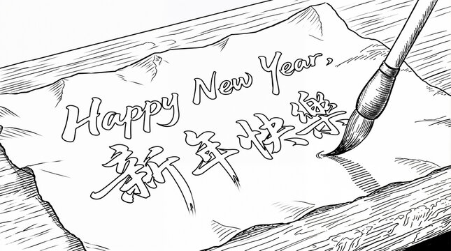 Calligraphy greeting card with Happy New Year in English and Chinese, festive celebration and creative congratulation atmosphere