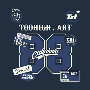 Modern varsity typography vector featuring bold number 98 with California-inspired streetwear graphics, retro college lettering, premium badges, and urban fashion elements. Ideal for t-shirt prints, a