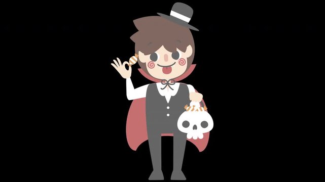 animated video happy halloween holiday festival with boy wearing vampire dracula costume holding skull bucket and candy, overlay transparent prores 4444 4K