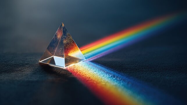 dispersion. A beam of sunlight passing through a crystal prism, creating a color spectrum. STEM education sheets, lab safety posters, designed for STEM education and laboratory safety posters.
