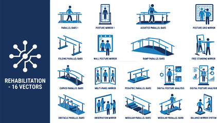 Naklejka premium Isometric Medical Physical Therapy and Gait Rehabilitation Equipment Vector Icon Set.