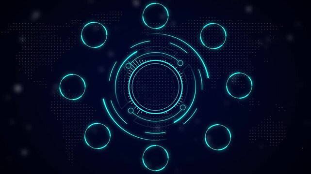 Futuristic hud interface with glowing cyan circles and world map dots technology digital