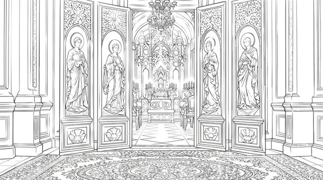 Majestic Orthodox church interior with icons on royal doors, solemn Easter service atmosphere and spiritual enlightenment