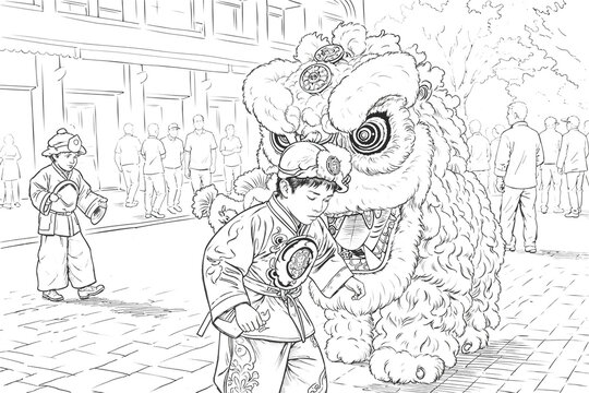 Lion dance on street during Chinese New Year, joy and traditional festival atmosphere with musician and spectators