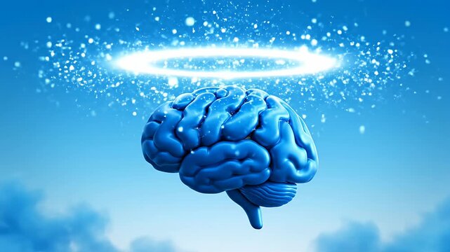 Floating blue brain with glowing halo in sky