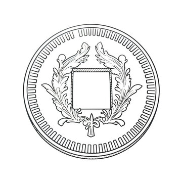 Round coin with laurel wreath and empty square center, solemn numismatics and historical value atmosphere