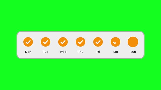 Weekly habit tracker in greenscreen, Weekly progress calendar icons with orange checkmarks for each day of the week. Suitable for digital planners, productivity apps, and scheduling tools.