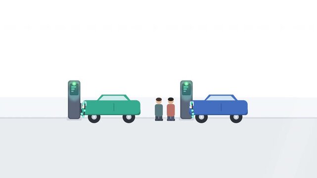 Pixel art animation of electric cars perpendicular parking and charging on a city street, people talking, futuristic urban scene