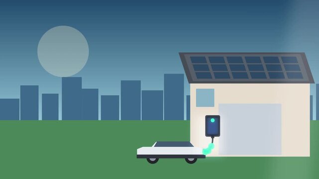 Electric car charging at home smart garage solar panel renewable energy concept, clean transport future
