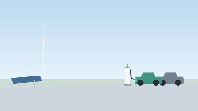 Electric cars charging at a supercharger station powered by wind turbine and solar panels, renewable energy concept