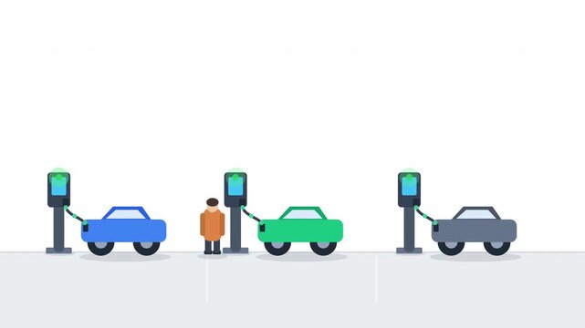 Motion graphic animation of electric cars charging in dedicated city street parking spots with a person nearby