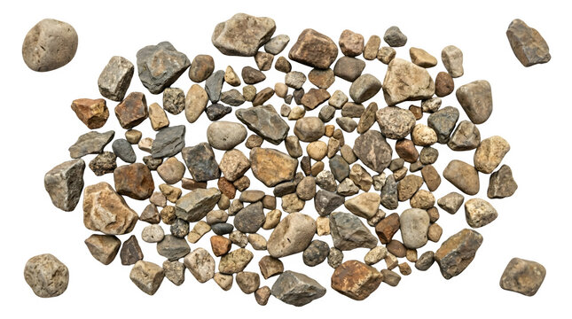 Natural river stones and gravel collection, brown earth tone pebbles on white background, organic mineral rock textures for landscaping and construction