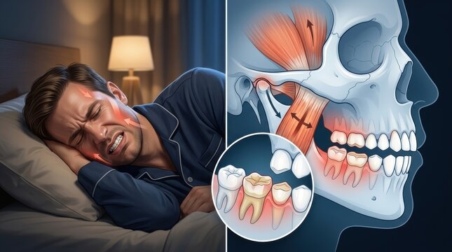 Man suffering from severe toothache and jaw pain while sleeping at night